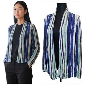 NWT Chico's Boho Linen Broken Stripe Cocoon Sweater Cardigan Medium Blue Cozy